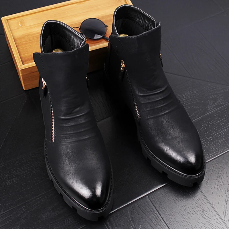 

men's boots black natural leather shoes platform cowboy boot casual business shoe formal dress ankle botas zapatilla hombre male