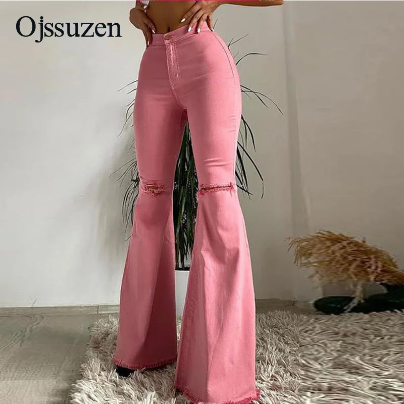 

2021 new streetwear high waist flare pants jeans for women knee ripped hole denim trousers ladies blue pink jeans fashion