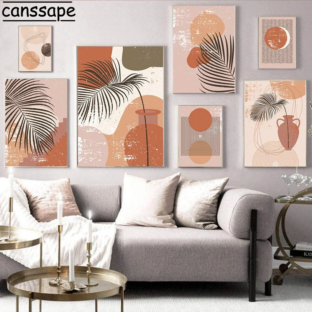 

Abstract Geometry Art Print Boho Canvas Painting Vase Leaf Wall Art Posters Nordic Wall Paintings For Living Room Decoration
