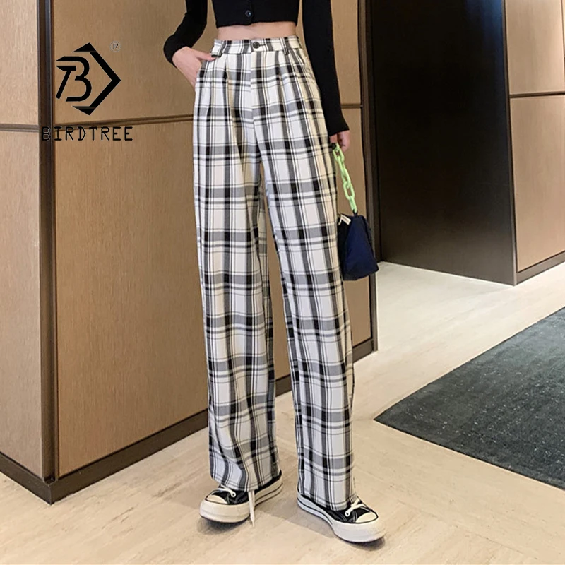 

Women's Korean HK Style Spring Plus Size Straight Plaid Thin Long Pants High Waist Wide Leg All-match Loose Casual Pants B18485X