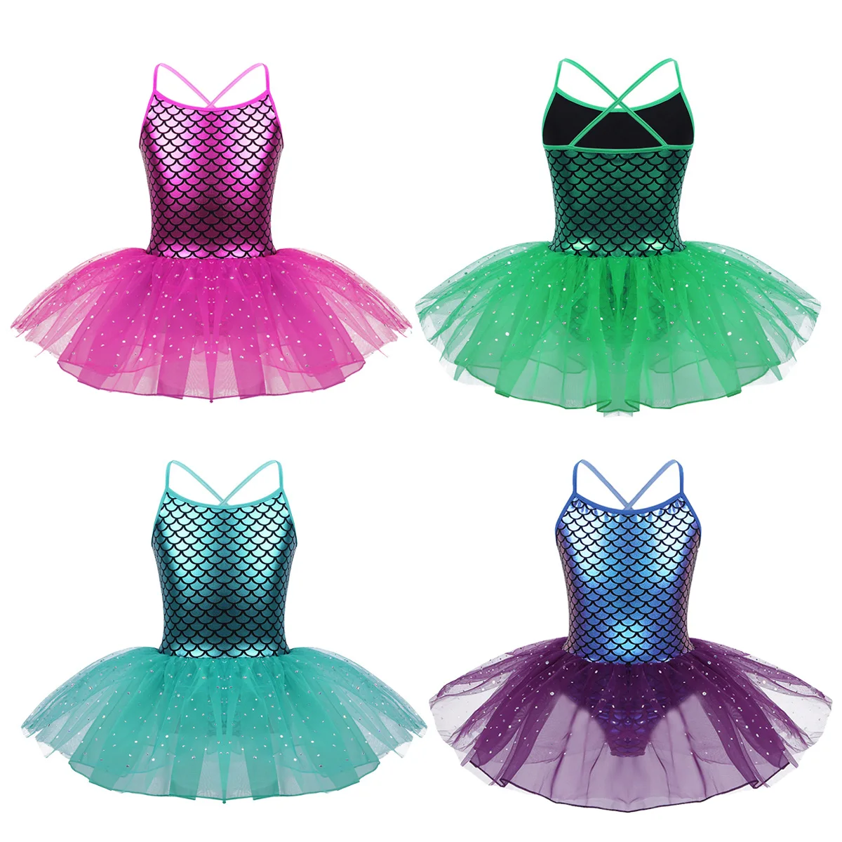 

Kids Girls Shiny Glitter Mermaid Costume Ballet Dance Leotard Tutu Dress Spaghetti Shoulder Straps Scales Pattern Print Dresses