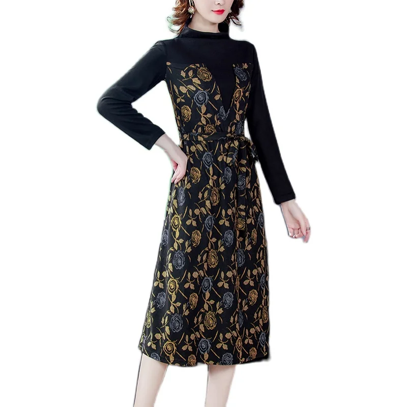

Ladies pullover print dress long sleeve 2020 autumn and winter new temperament ladies high neck long dress