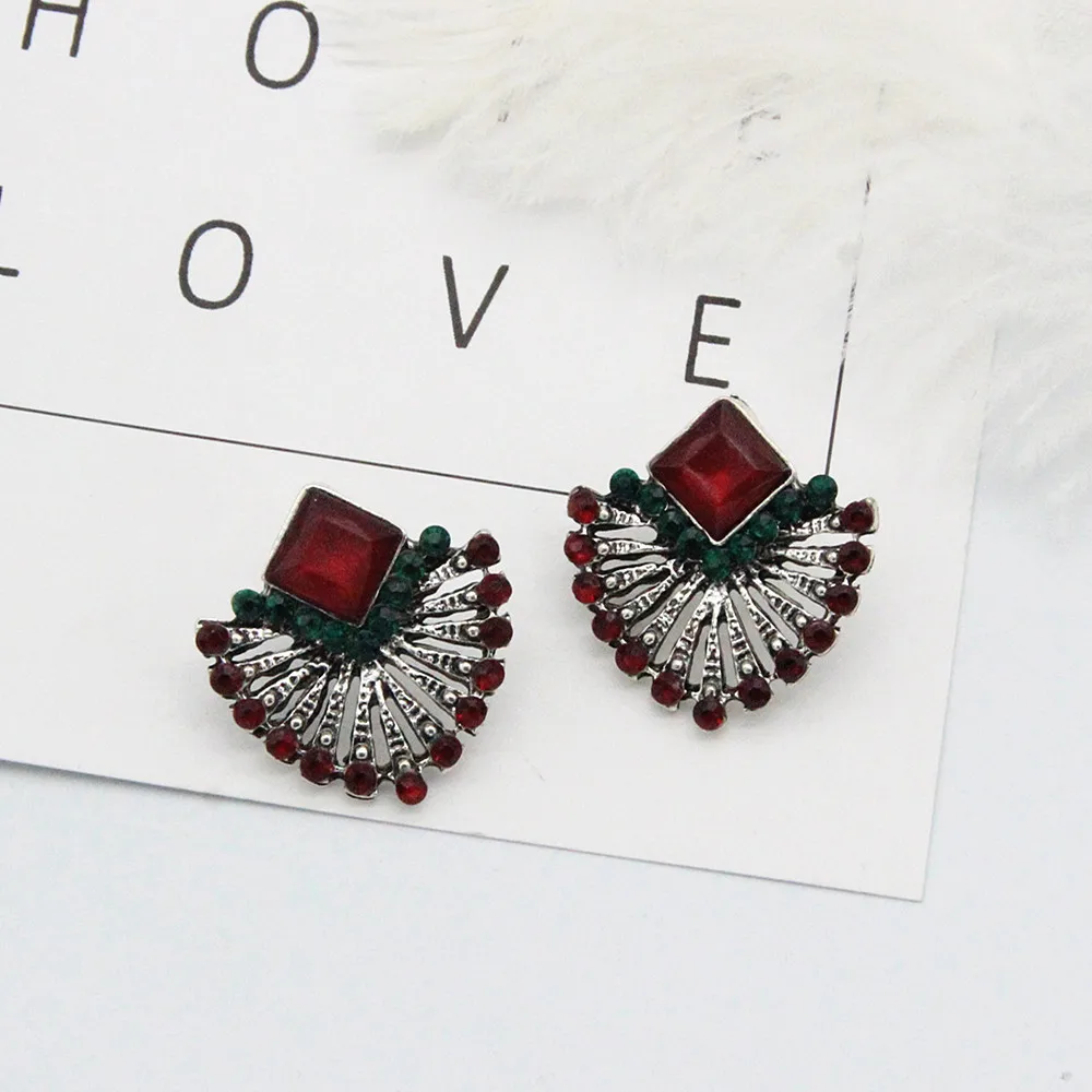 

New 2021 European and American retro ethnic style ruby drop fan-shaped earrings for women, bohemian style earrings