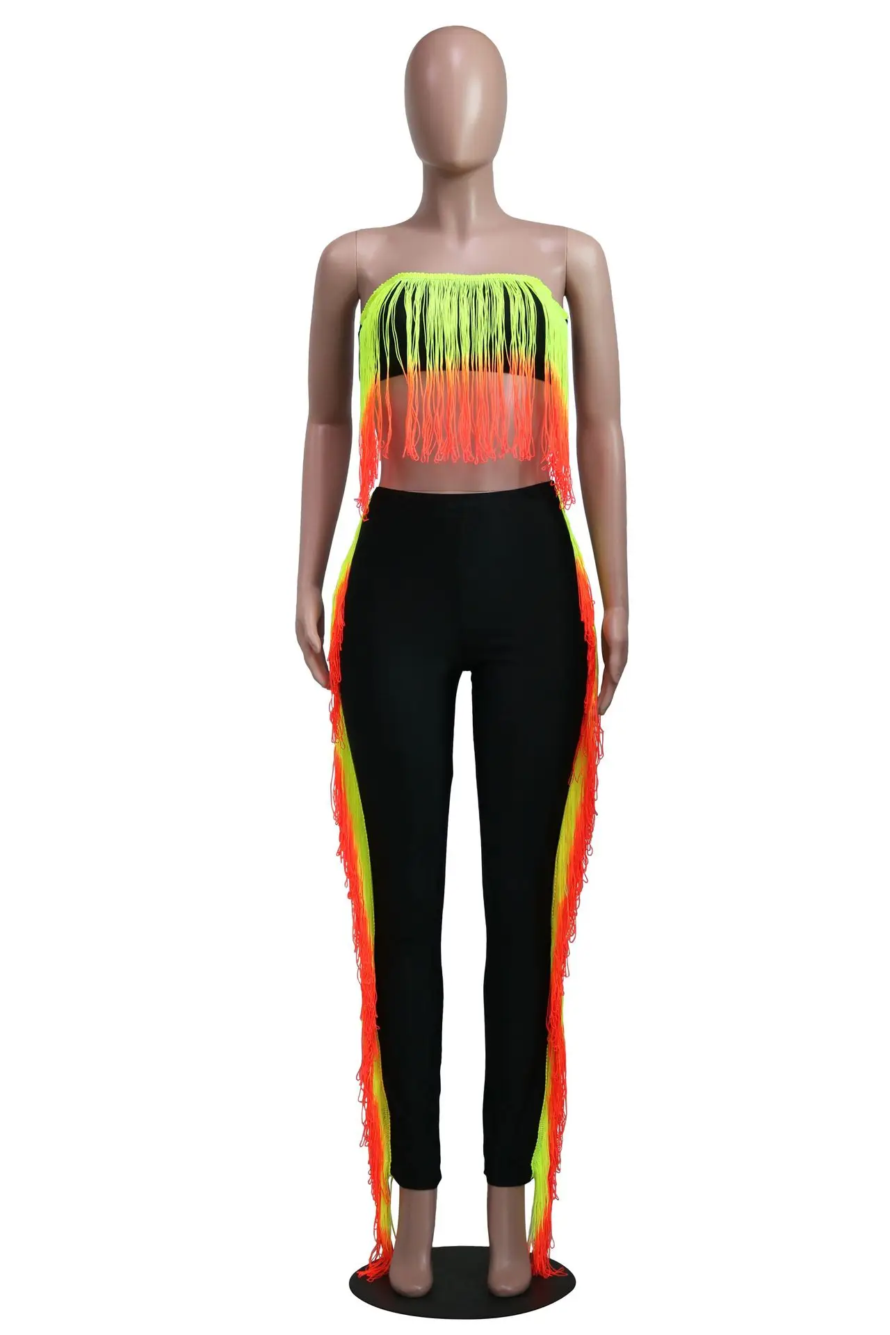 

Sexy Women Gradient Tassel Tracksuit Two Piece Set Splicing Strapless Crop Tops Jogger Sweatpants Suit Outfit overalls