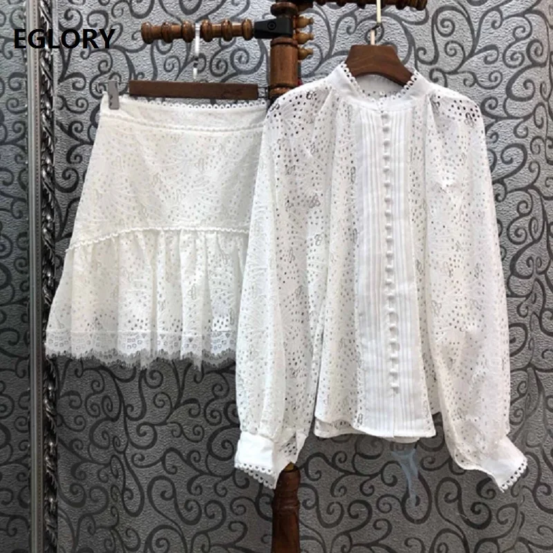 

High Quality Designer Clothing Sets 2020 Spring Skirt Suit Women Hollow Out Embroidery White Blouse+Black White A-Line Skirt Set