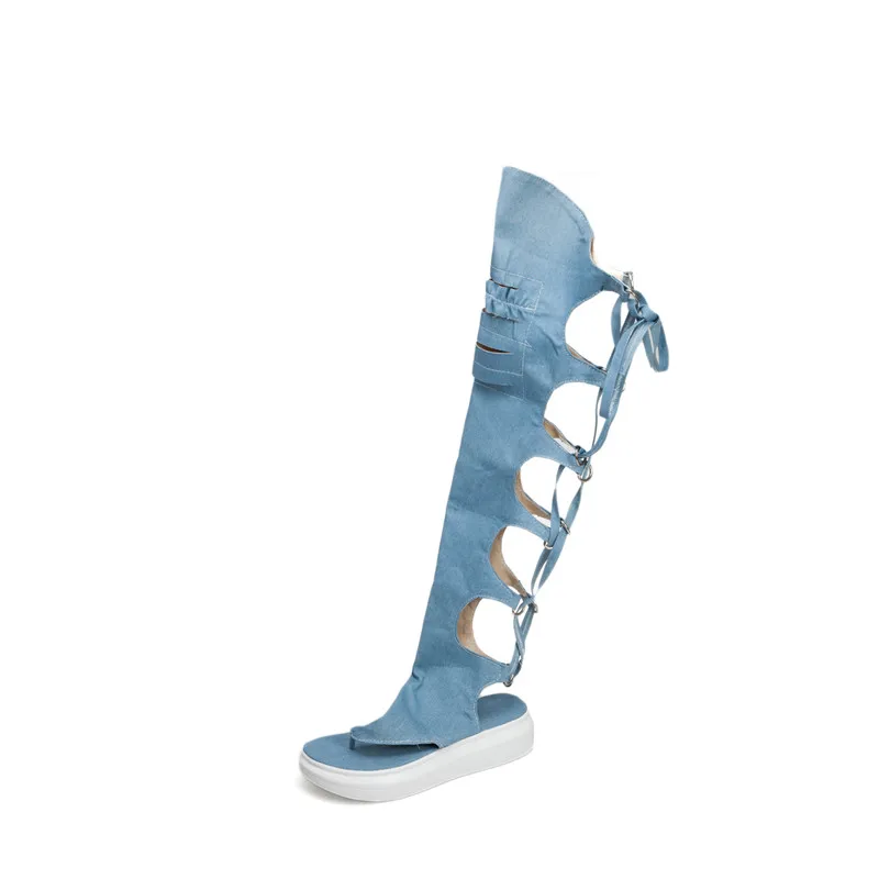 Женские джинсовые сандалии гладиаторы YMECHIC синие черные на платформе с