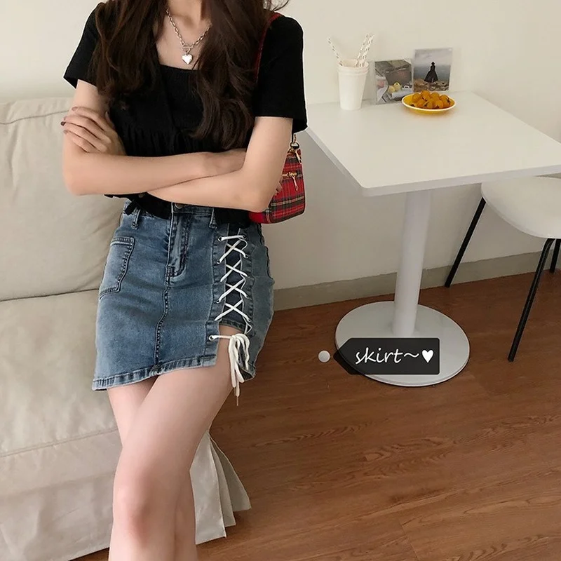 

E Girl 2021 Summer High Waist Straps Stretch Skinny Skirts Women Bandage High Waist Denim Short Skirt Casual Female Mall Goth
