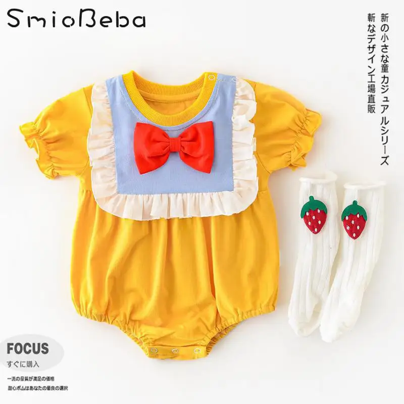 

Летнее платье оранжевого цвета для маленькой принцессы с бантом Стиль Ronpers колледжа в Корейском стиле Стиль Ползучая костюм с коротким рука...