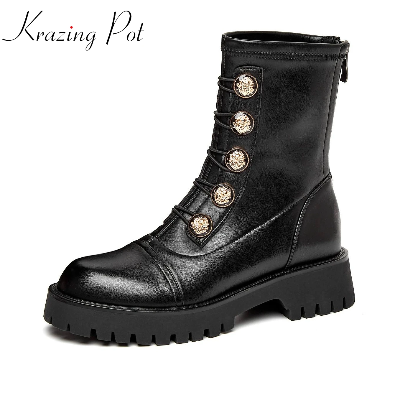 

Krazing Pot sheep leather round toe thick heels superstar western boots carved artistic metal buttons zip keep warm ankle boots