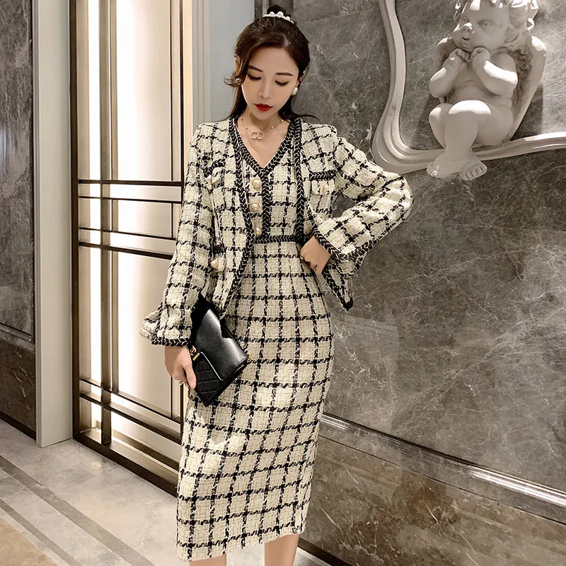 

CBAFU Plaid Tweed Jacket Coat + Sleeveless Bodycorn Tweed Dress Suit V-Neck Two Piece Set Elegant Office Autumn Tracksuit F770