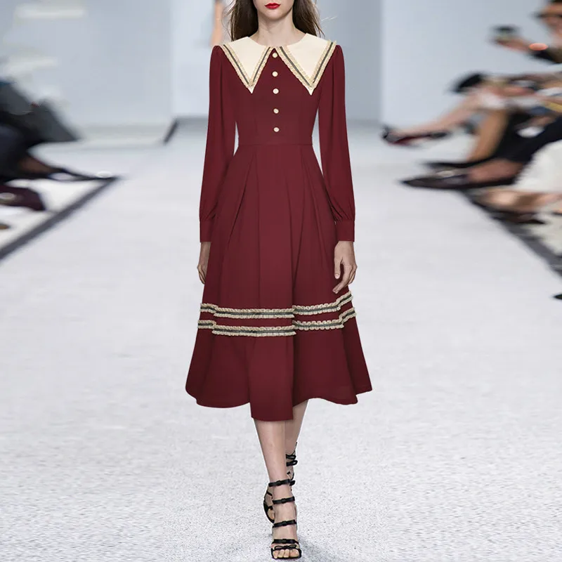 

Office Ladies Autumn Winter Dress Long Sleeve Sweety Women Dress Turn-down Collar Ruffles Green Wine Midi Party Dress