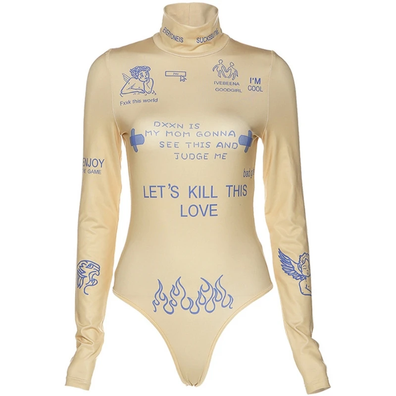 

Women Long Sleeve Turtleneck Bodysuit Harajuku Graffiti Letters Bodycon Leotard M5TE