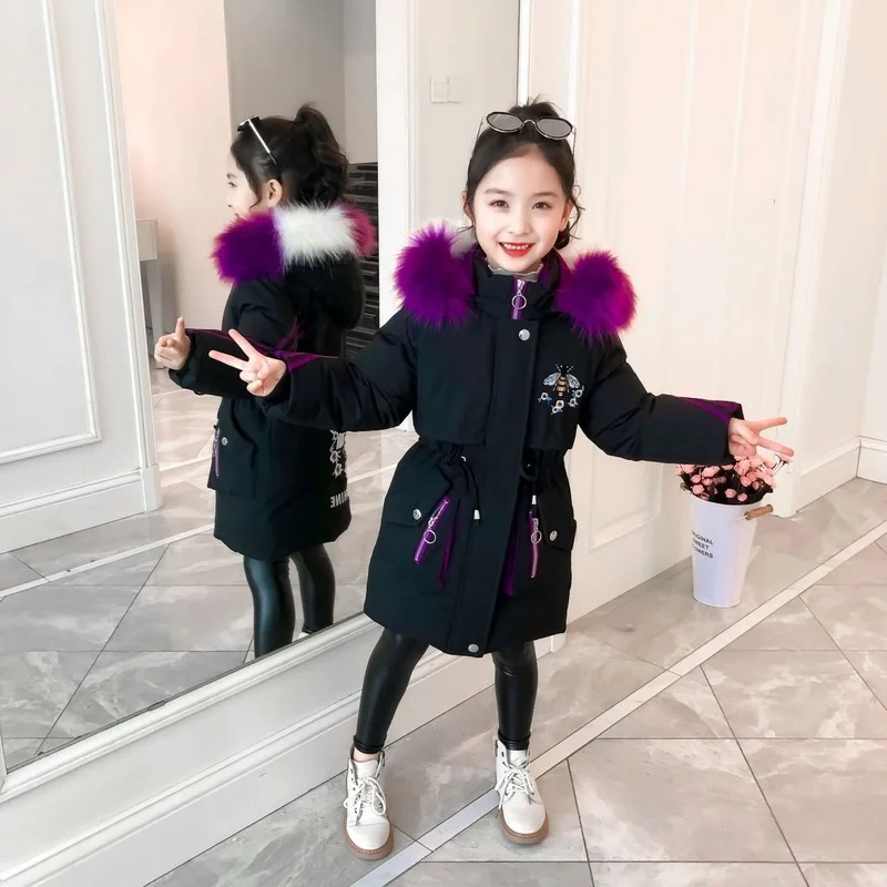 

-30 Degrees Girl Clothing Winter Warm Embroidery Jacket Cotton-padded Long Clothes Children Thicken Parka Overcoat Faux Fur Coat
