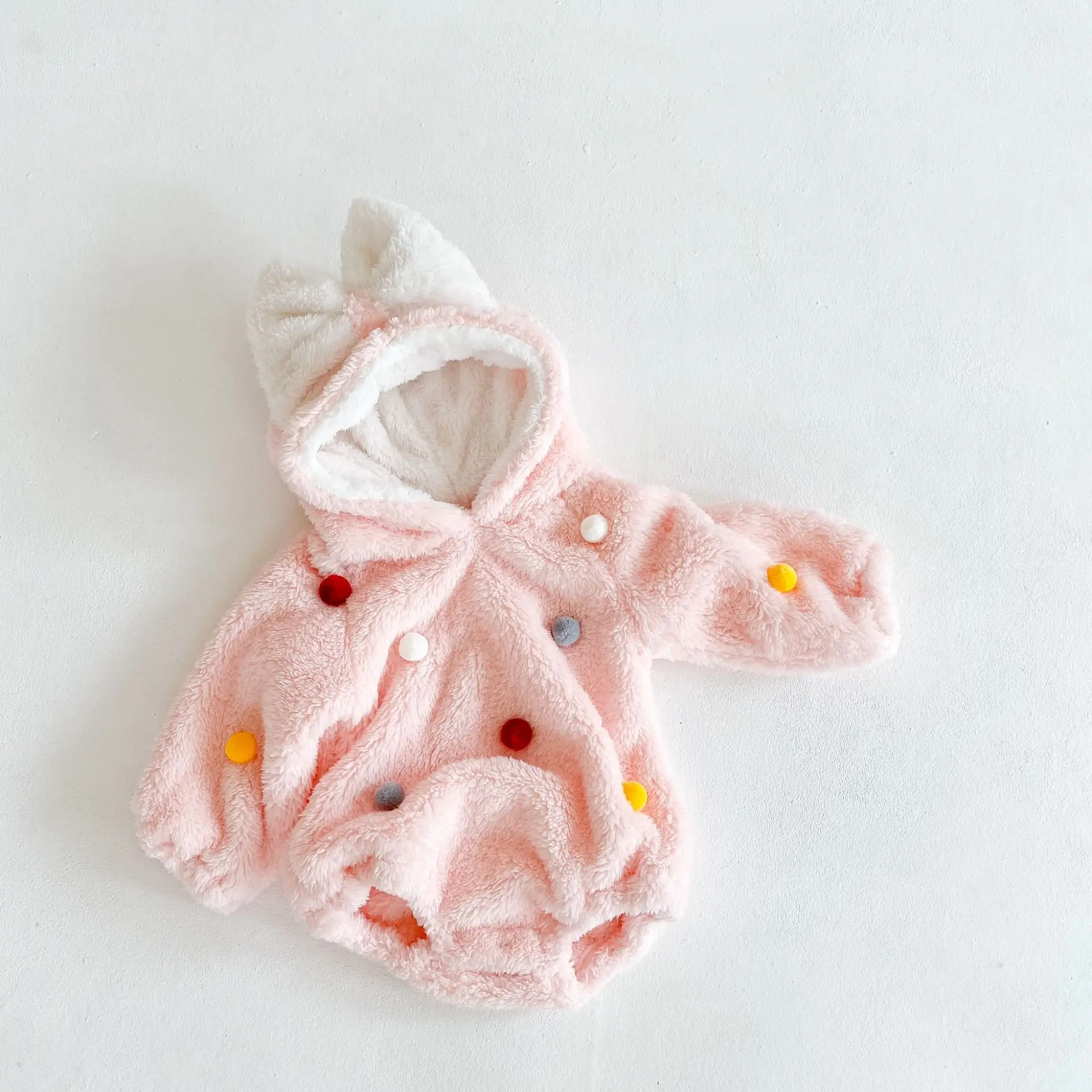 

Newborn Girls 2020 Winter Infant Children Wear One-piece Suit Baby Plush Pom-pom Hooded Bodysuit Long Sleeve Crawling Clothes
