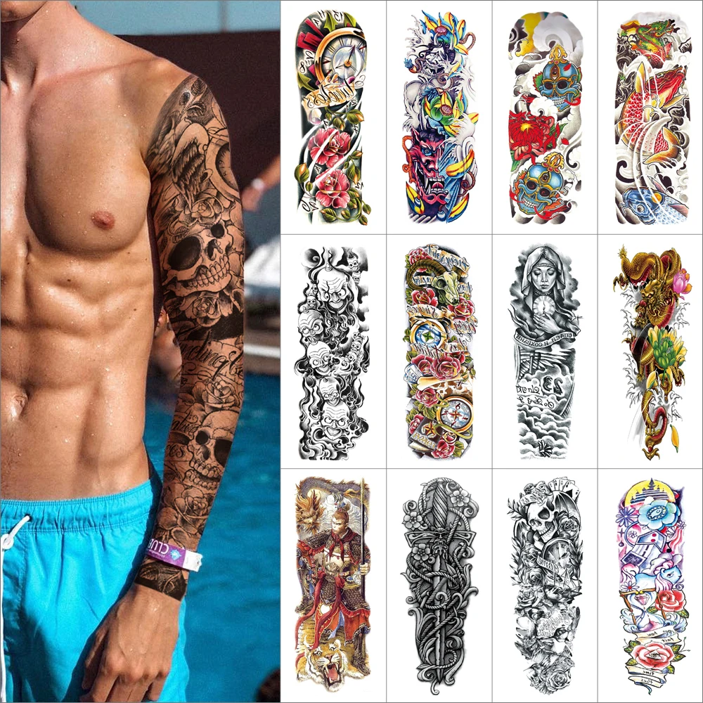 

Temporary Full Arm Tattoo black dragon fish skull Waterproof fake tattoo large size Watercolor flowers Tattoo sleeves wen women