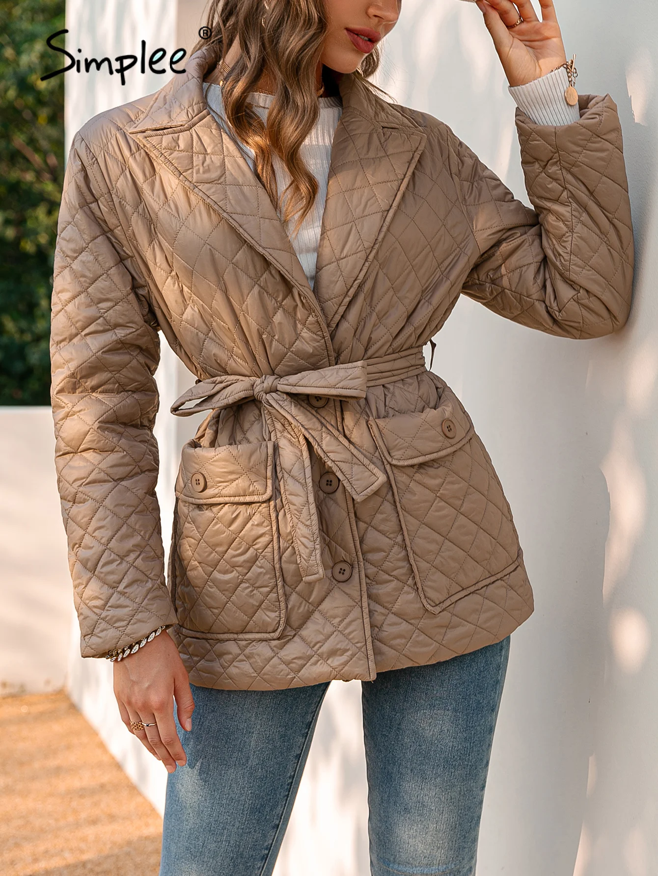 

Simplee Khaki lace up pocket casual winter jackets for women Office plaid lapel parka straight Fashion female qulited coats 2021