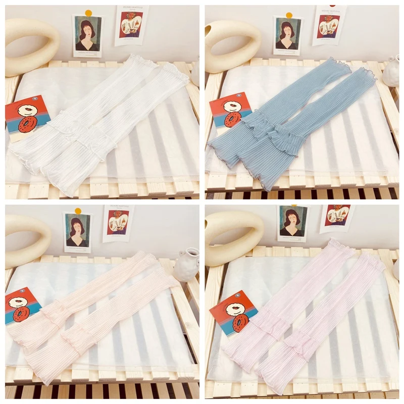 

Hot Women Arm Warmers Pleated Yarn Long Breathable Sunscreen Driving Arm Sleeve Fingerless Ice Silk Lace Gloves