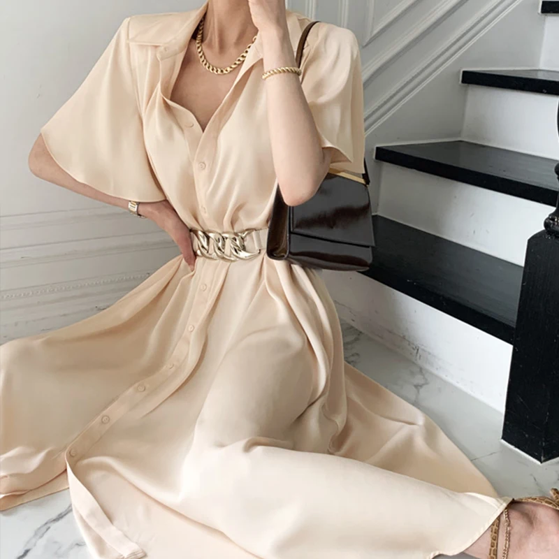 

Solid Lapel Long Dress Women'S Fashion Simple Loose Dress Woman Single-Breasted Waist Slimming Dresses Ladies Summer 2021