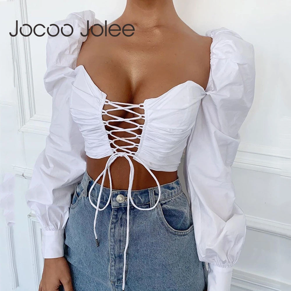 Jocoo Jolee Women Autumn Sexy Cross Criss Lace UP White Cropped Tops Puff Sleeve Hollow Out Blouse Elegant Backless Shirts 2019 Женская