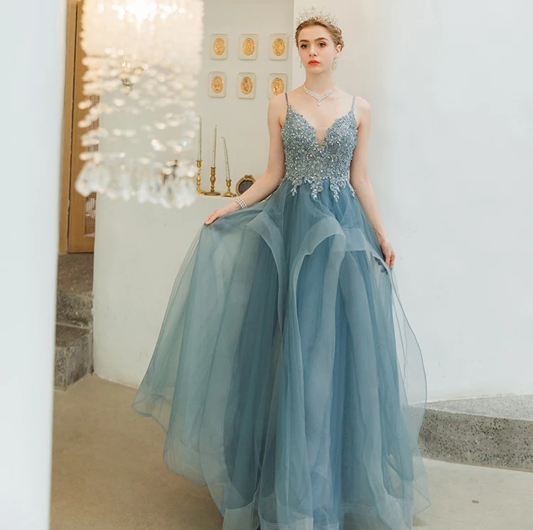 SSYFashion Новое романтическое синее вечернее платье, для банкета, элегантное, с v-образным вырезом, Appliuques, с блестками, в пол, вечернее платье Vestido De Noche