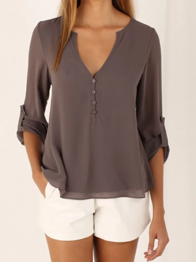 

11-Color 8-Size Popular European and American Elegant Women Long-Sleeved V-neck Loose Large Chiffon Shirt