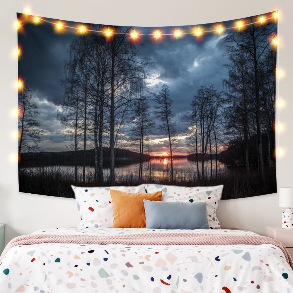 

Гобелен с пейзажем лесное озеро восход пейзаж настенный фон общежитие спальня Бохо Арт Декор Пикник пляжный коврик