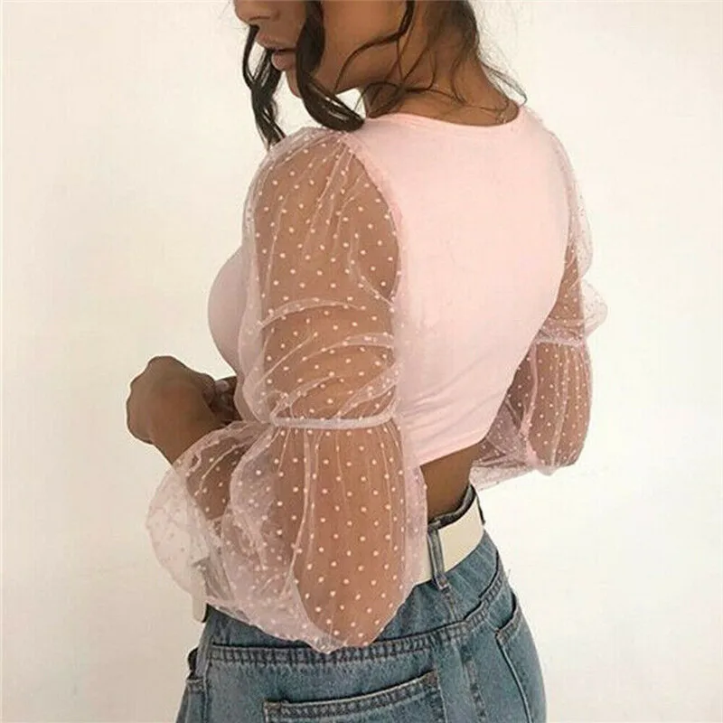Women off shoulder blouse slim fit crop tops Fashion long sleeve Summer fall pullover top OL Beach Mesh Dots see through Clothes | Женская
