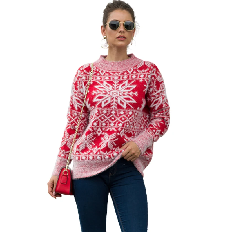 

Свитера для женщин, пуловер 2021, новый Рождественский свитер, Женский пуловер со снежинками, свитер, зимняя одежда, женский топ с круглым выре...