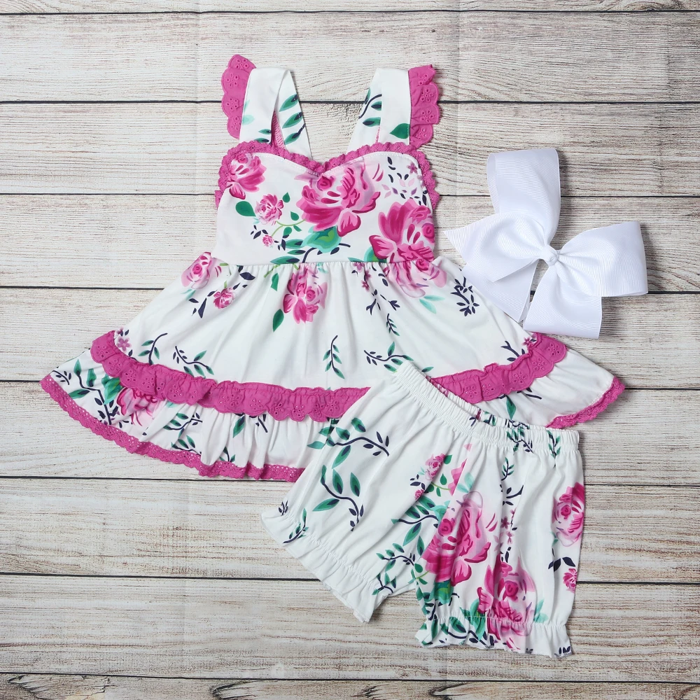 

Summer Girls Clothes Rose Red Lace Skirt With Shorts Suit Pink Flower Print Pattern Toddler Girl Outfits