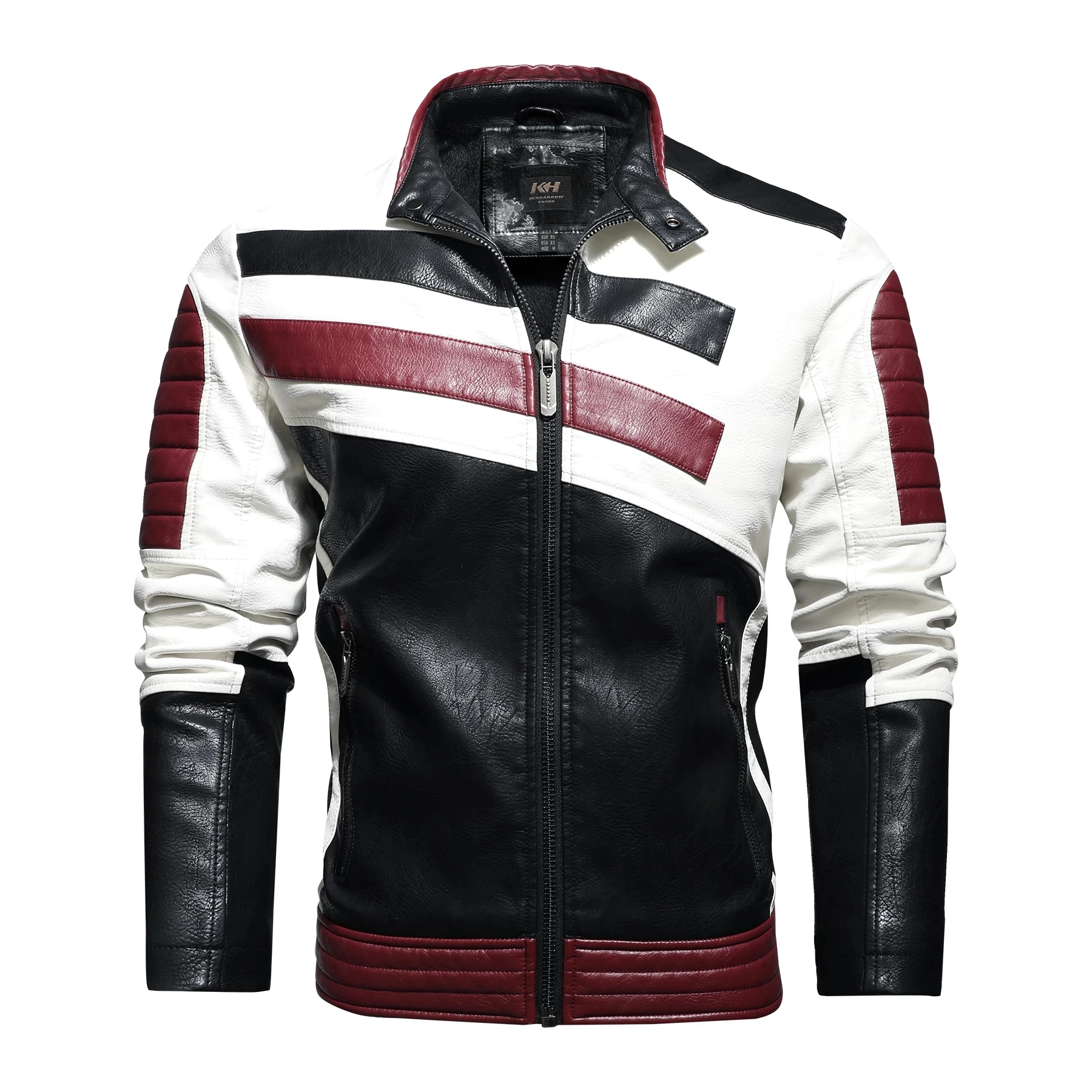 

Men's Motorcycle Jacket Leather Striped Patchwork PU Leather Jacket Autumn and Winter Slim Jacket Men's High Street Irregular Fa