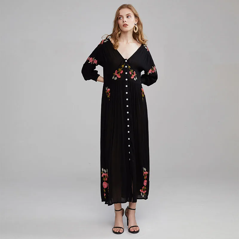 

2020 Autumn Women Dress Maxi Loose V Neck Beach Boho Style Embroidery Long Female Dresses Full Sleeves Hippie Holiday Vestidos