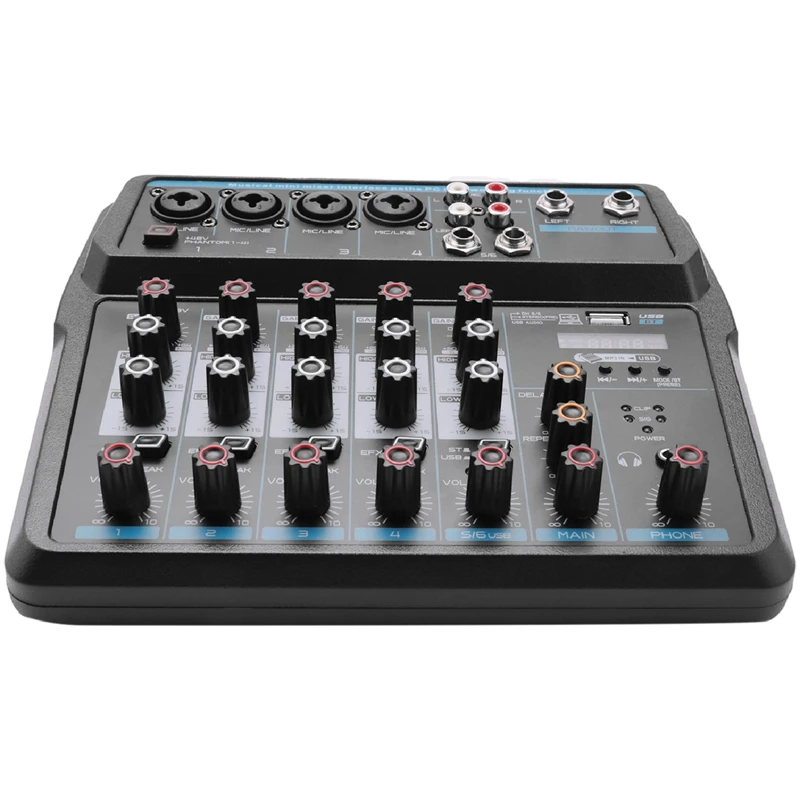 

M-6 Portable Mini Mixer Audio DJ Console with Sound Card, USB, 48V Phantom Power for PC Recording Singing Webcast Party(US Plug)