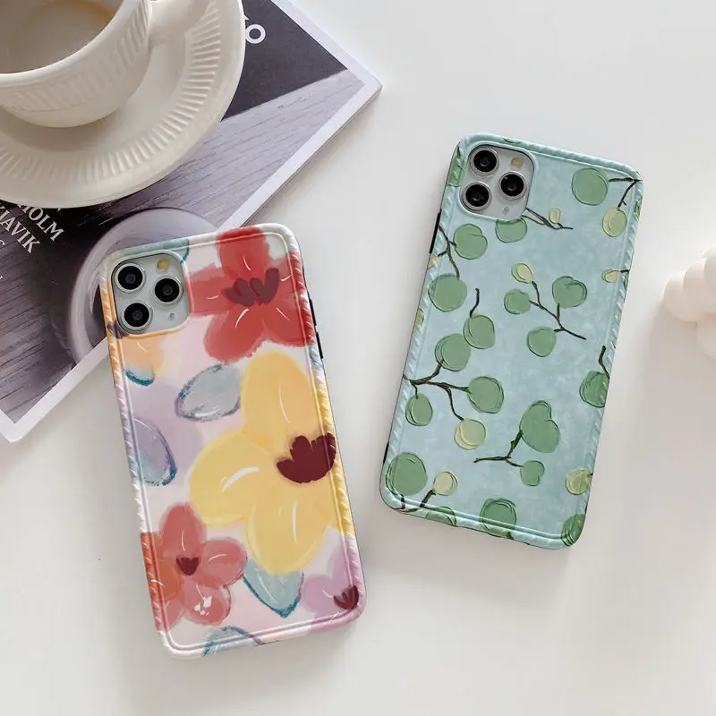 

Luxury Cute Soft Silicone Couple Phone Case Flower Green Plum Back Cover For iphone 11 Pro Max X XR XS Max 7 8 Plus Shell Coque