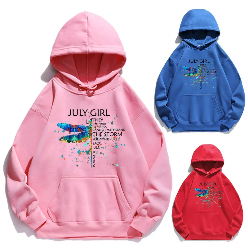 

Women Hoodie July Girl Printed Hoodies Women Fleece Long Sleeve Loose Sweatshirt with Hat Girls Pullovers Winter