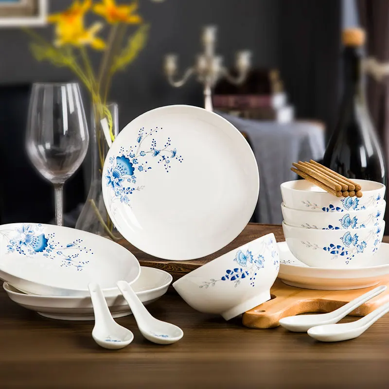 

Flower China Dinnerware Set Round Bone China Dishes Rice Plate Sets Bowl Sauce Dish Vaisselle Cuisine Cutlery Set EH50PS