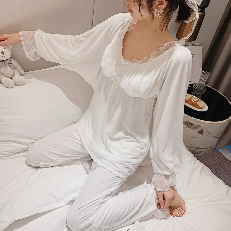 

Palace Style Lace Princess Pajamas Suit Female Modal Pajamas Cute Girl With Chest Pad Home Service Sexy Sleepwear Pijama Mujer