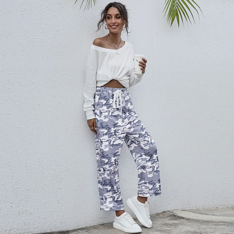 

2021 Spring Women's Fashion Mid-waist Leopard Print Camouflage Casual Loose Wide-leg Pants Sweat Pants Women A112