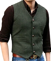 mens suit vest v neck wool herringbone casual formal business vest waistcoat groomman for wedding greenblackbrown