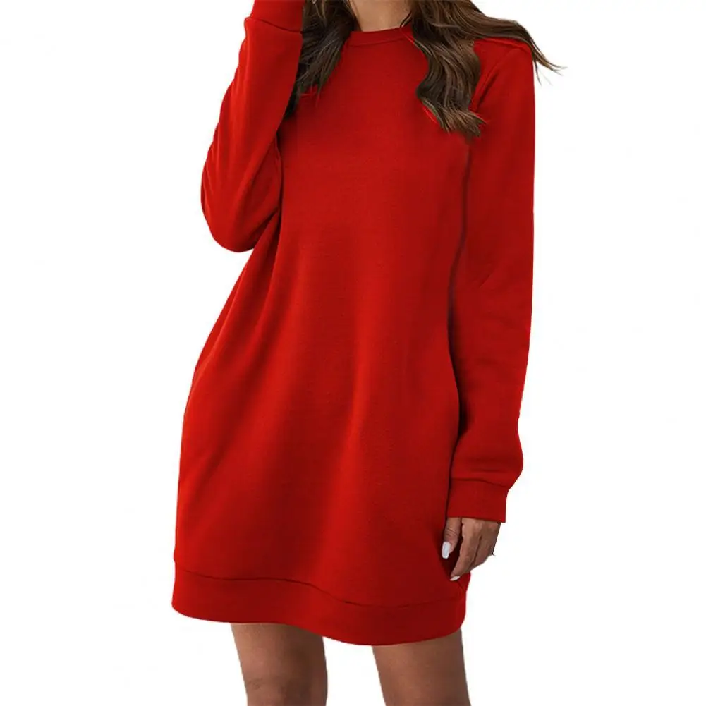 

2021 New Arrival Autumn Winter Women's Sweatshirt Dress O Neck Long Sleeve Fashion Solid Loose Pocket Ladies Mini Dress