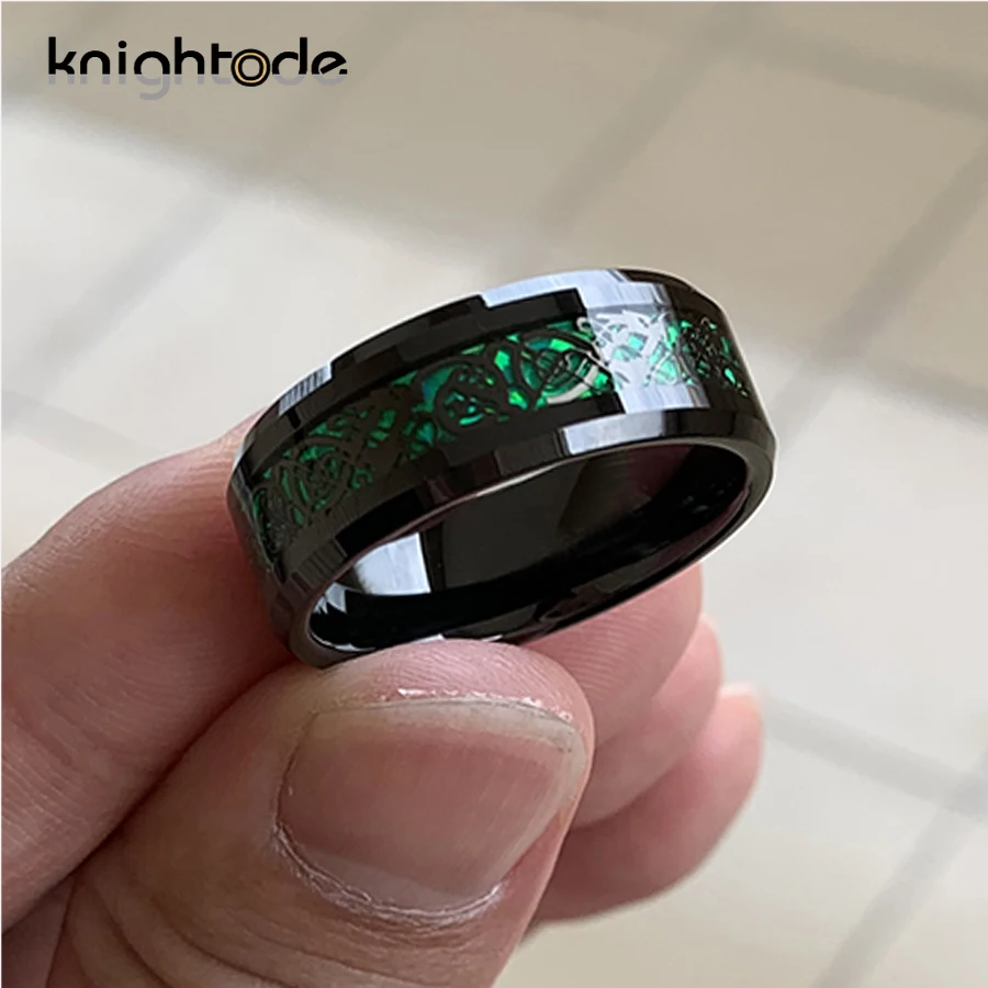 Обручальное кольцо черный Celtics Tungsten с драконом и зеленым Карбоновым волокном