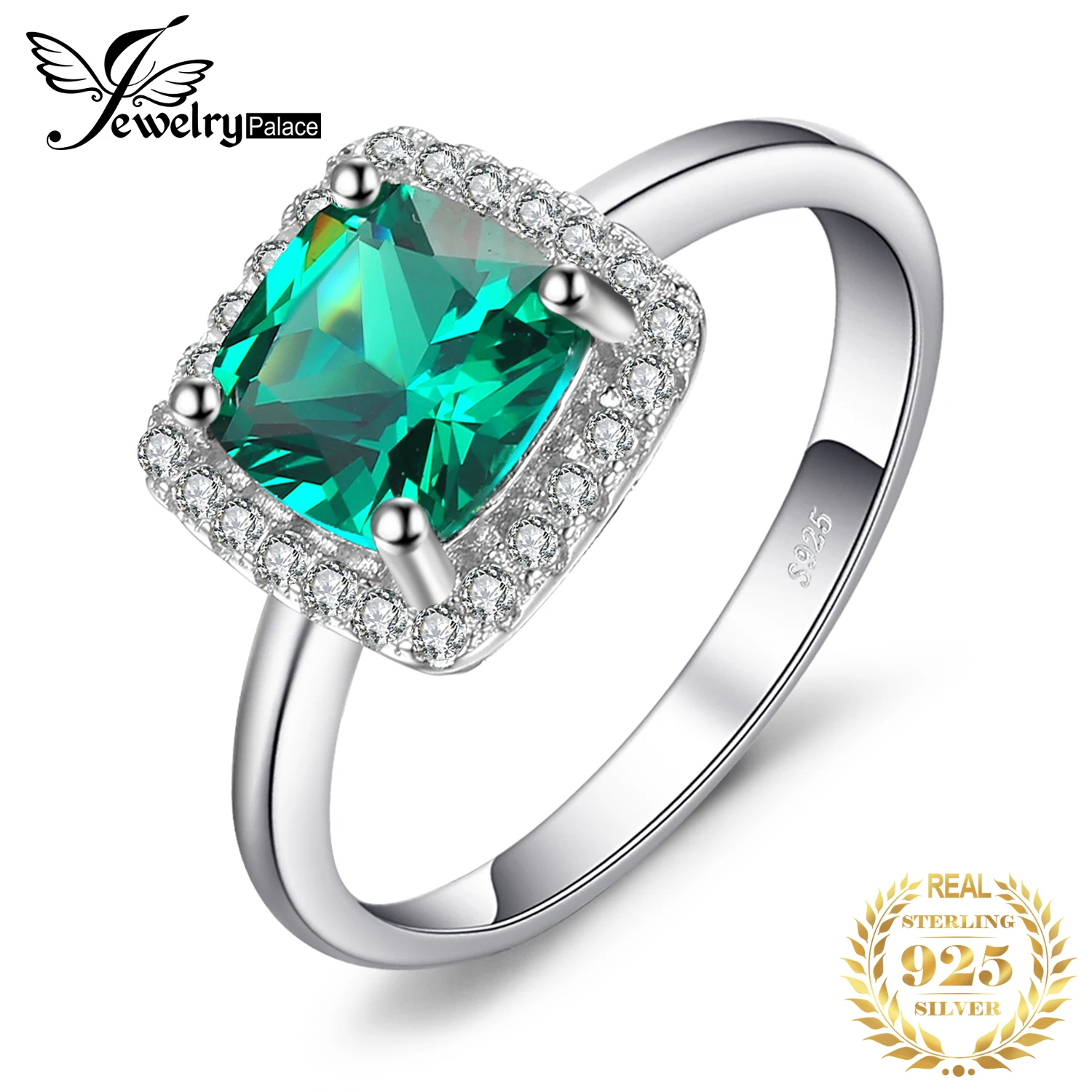 JewelryPalace Green Simulated Nano Emerald  925 Sterling Silver Rings for Women Halo Engagement Ring Statement Gemstones Jewelry