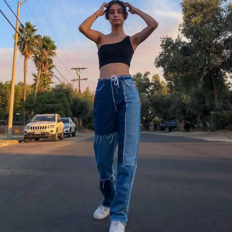 

Autumn Patchwork High Waist Straight Denim Pants Women Casual Skinny Ripped Jeans Capris Pocket Long Trousers Ladies Streetwear