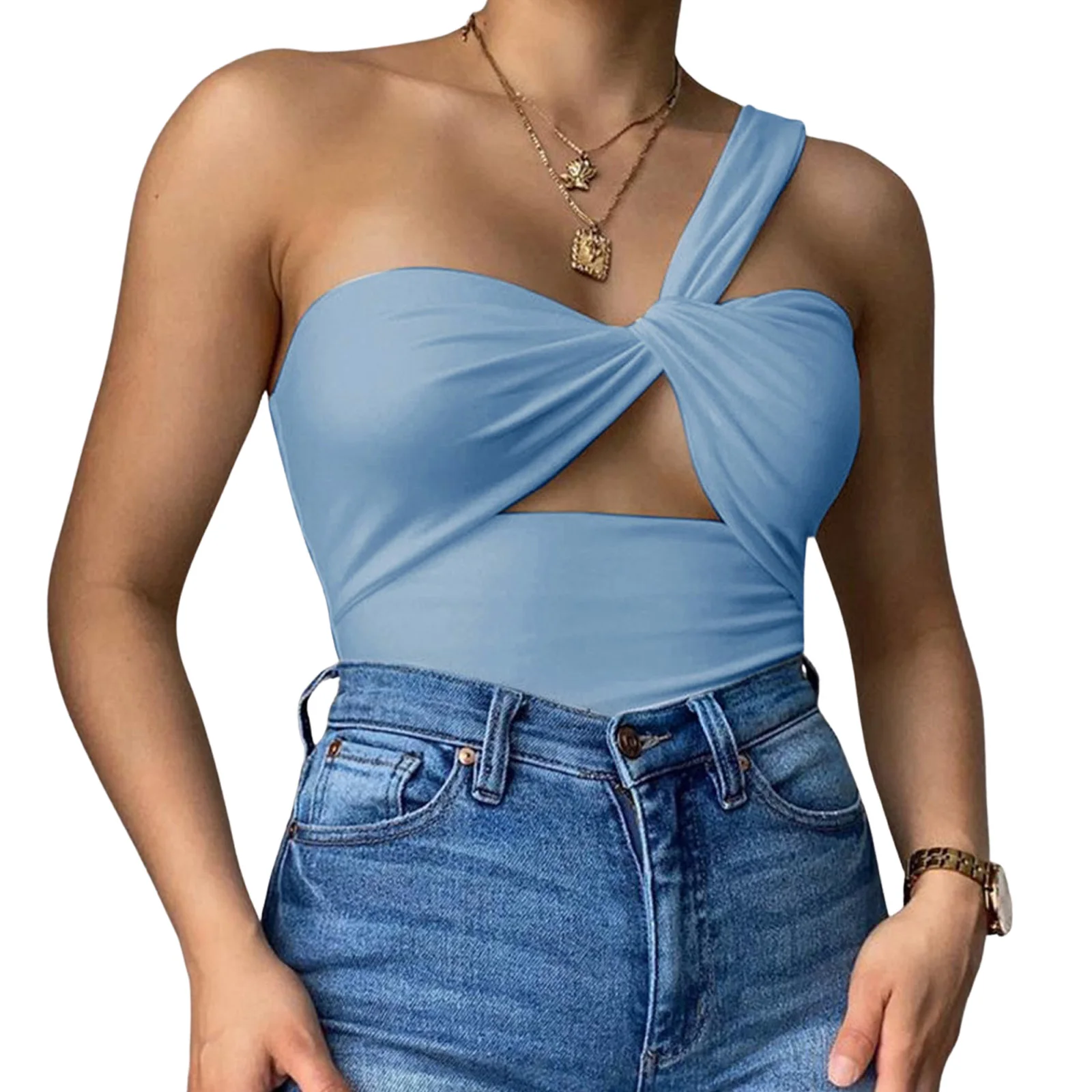 

Womens Fashion Solid Color Knotted Vest Sexy Oblique Shoulder Hollow Slim Fit Sleeveless Tops