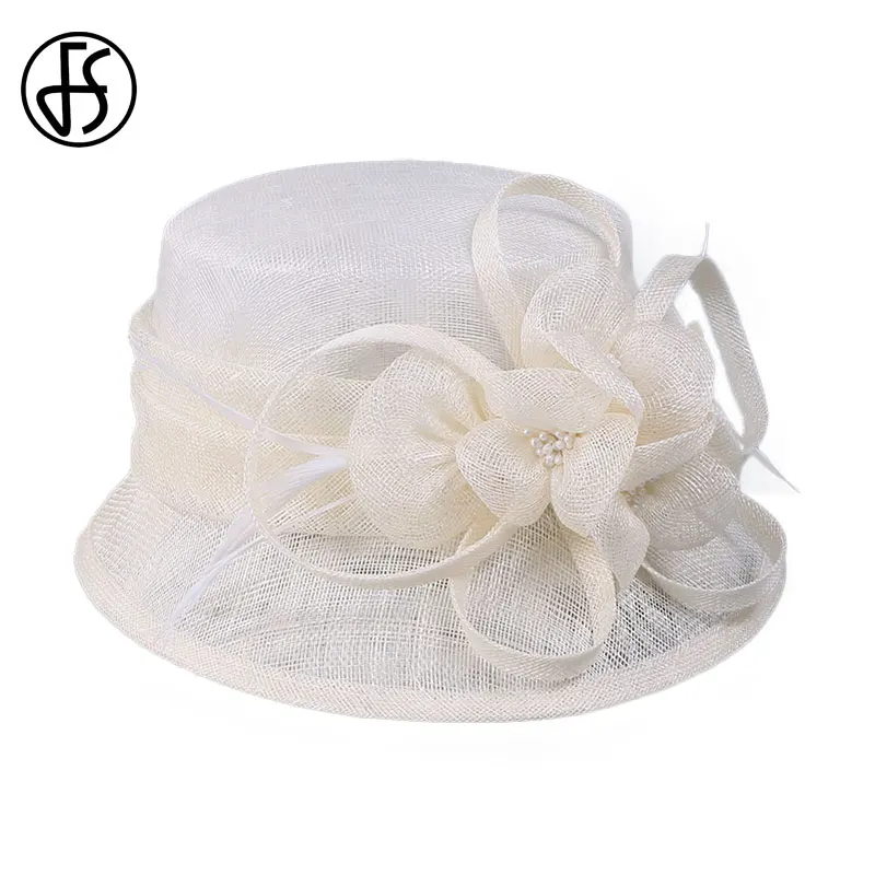 Beige White Fedora FS Британский синий белый Sinamay Свадебная шляпа для женщин Элегантный церковный цветок с широкими полями Fedoras Лен Кентукки Дерби шляпа леди - Color: Beige White Fedora