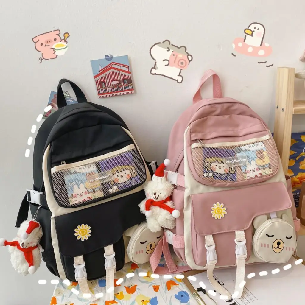 

New School Girl Backpack With Small Wallet Mesh Design Preppy Style Pink Black School Backpack Large Cute Schoolbag Student Bags
