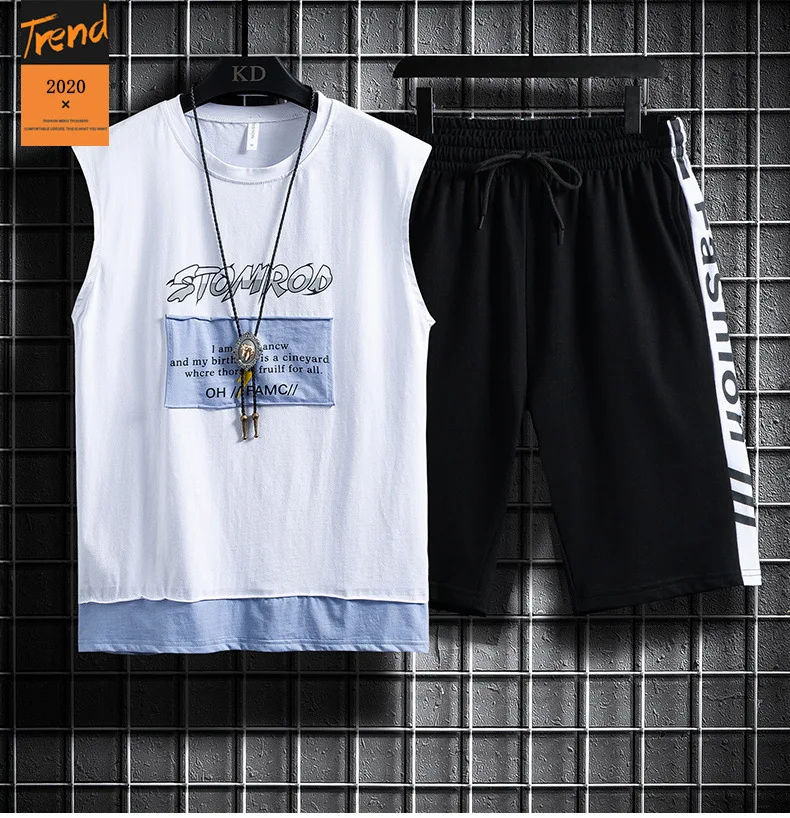 

Men's complete set of 2020 summer new trend sports wear shoulder casual sleeveless T-shirt