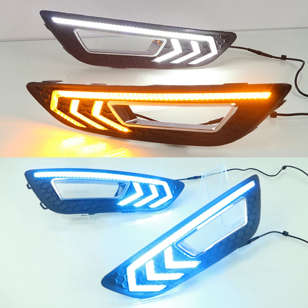 CSGJMY 2PCS For Ford Focus 3 mk3 2015 2016 2017 2018 LED DRL daytime running lights daylight with Yellow signal fog lamp | Автомобили и