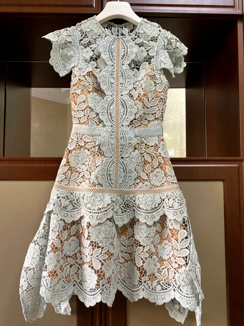 Women Dress Spring 2020 Female Lace Short Designer High Quality Runway Dresses Blue Backless Elegant Holiday Party |