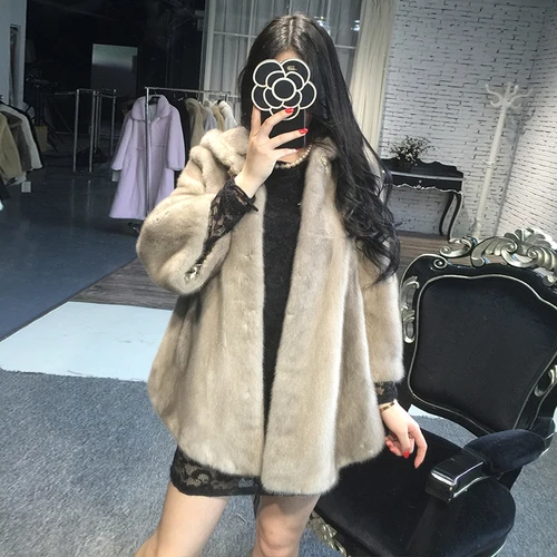 new autumn and winter Haining imported fur women's hooded tidy long section mink coat mink jacket - Color: Silver grey
