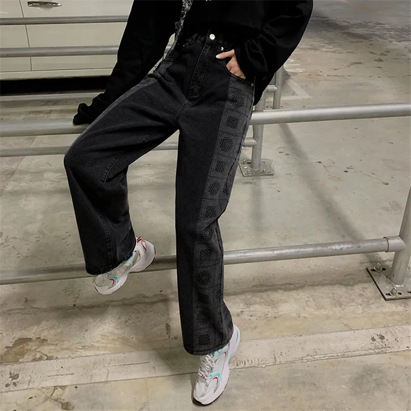 

High Waist Patchwork Jeans Pant Plus Size Loose Denim Wide Leg Pants Women Clothes Mujer Streetpants Mom Printed Trousers p9639